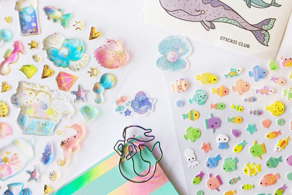 Colorful fish, mermaid, and seashell stickers from Stickii Club.